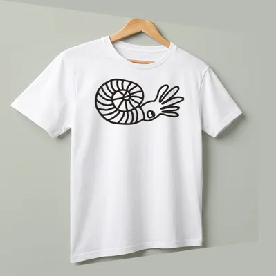 Minimalist line art of an ammonite with the word Ammonite printed above it — printed on a unisex t-shirt (angled view)