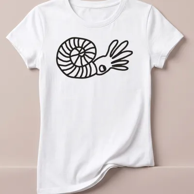 Minimalist line art of an ammonite with the word Ammonite printed above it — printed on a women's shirt