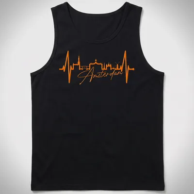 Minimalist Amsterdam skyline heartbeat design in orange. — printed on a tank top