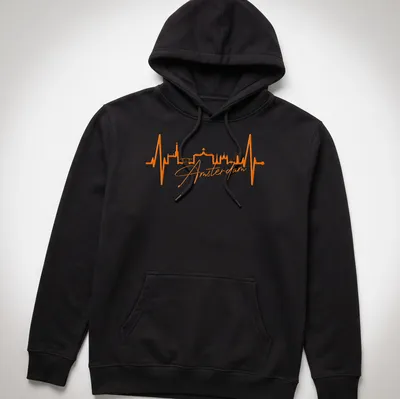 Minimalist Amsterdam skyline heartbeat design in orange. — printed on a unisex hoodie