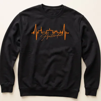 Minimalist Amsterdam skyline heartbeat design in orange. — printed on a unisex sweatshirt