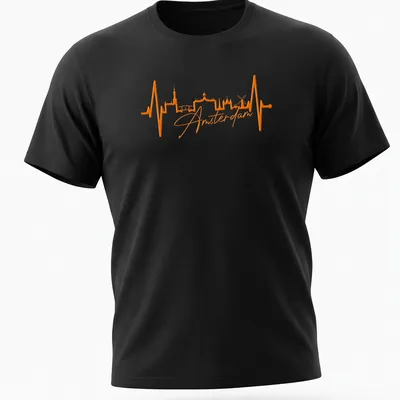 Minimalist Amsterdam skyline heartbeat design in orange.