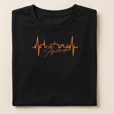 Minimalist Amsterdam skyline heartbeat design in orange. — printed on a women's shirt