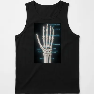 3D illustration of hand bones with anatomical labels in various colors — printed on a tank top