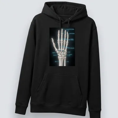 3D illustration of hand bones with anatomical labels in various colors — printed on a unisex hoodie