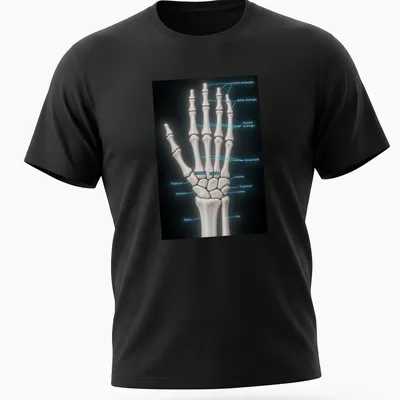 3D illustration of hand bones with anatomical labels in various colors — printed on a unisex t-shirt