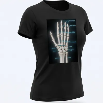 3D illustration of hand bones with anatomical labels in various colors — printed on a women's shirt