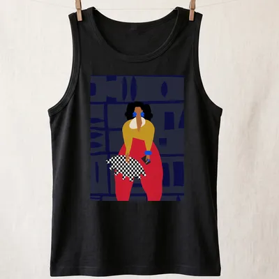 Fashionable woman illustrated in vibrant colors with the text Angelique Zane — printed on a tank top