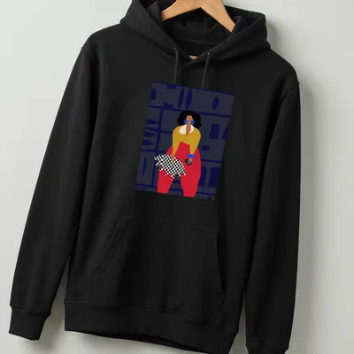 Fashionable woman illustrated in vibrant colors with the text Angelique Zane — printed on a unisex hoodie