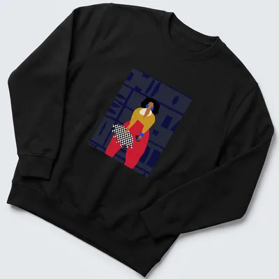 Fashionable woman illustrated in vibrant colors with the text Angelique Zane — printed on a unisex sweatshirt