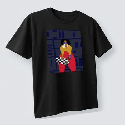 Fashionable woman illustrated in vibrant colors with the text Angelique Zane — printed on a unisex t-shirt (angled view)