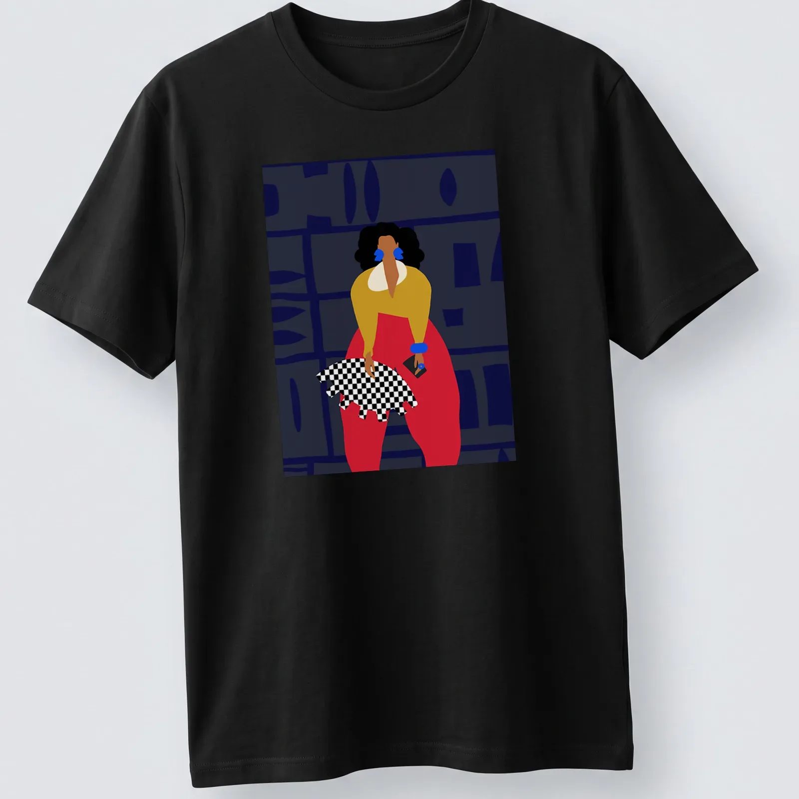 Fashionable woman illustrated in vibrant colors with the text Angelique Zane — printed on a unisex t-shirt