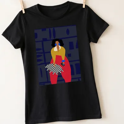 Fashionable woman illustrated in vibrant colors with the text Angelique Zane — printed on a women's shirt
