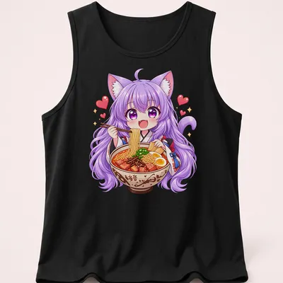 Kawaii design of an anime cat girl enjoying ramen with vibrant colors — printed on a tank top