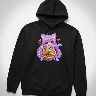 Kawaii design of an anime cat girl enjoying ramen with vibrant colors — printed on a unisex hoodie