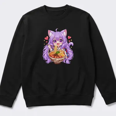 Kawaii design of an anime cat girl enjoying ramen with vibrant colors — printed on a unisex sweatshirt