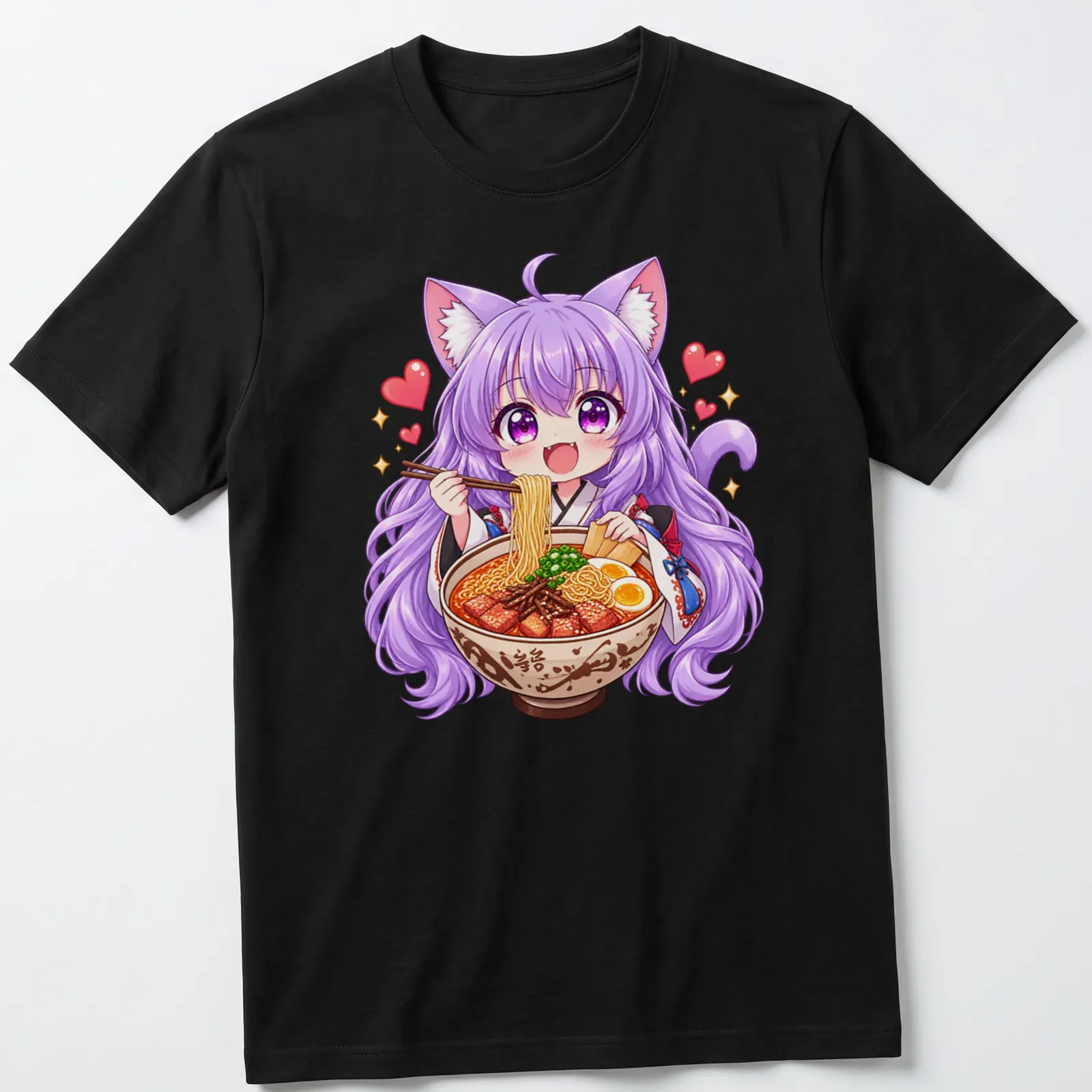Kawaii design of an anime cat girl enjoying ramen with vibrant colors — printed on a unisex t-shirt