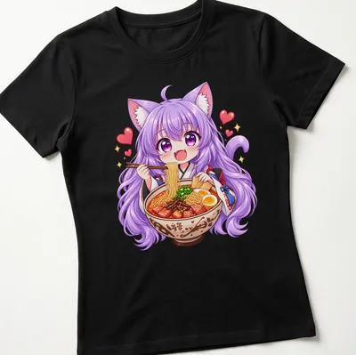 Kawaii design of an anime cat girl enjoying ramen with vibrant colors — printed on a women's shirt