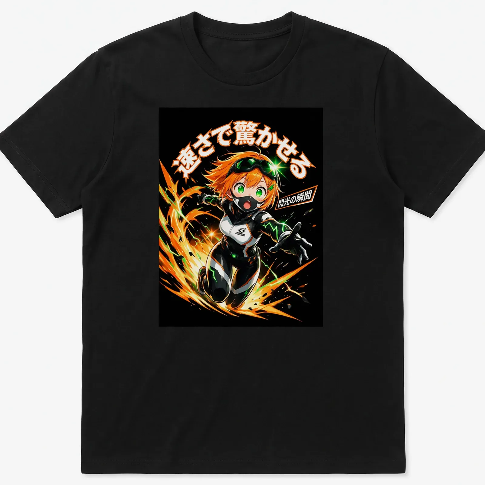 Anime Racer Girl printed in dynamic action art with bold colors — printed on a unisex t-shirt