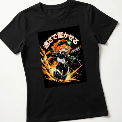 Anime Racer Girl printed in dynamic action art with bold colors — printed on a women's shirt