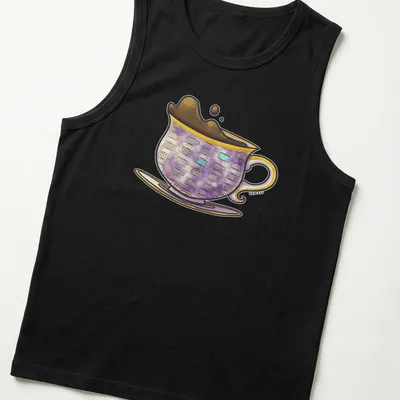 Whimsical illustration of colorful antique teacups with elegant script text — printed on a tank top