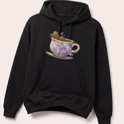 Whimsical illustration of colorful antique teacups with elegant script text — printed on a unisex hoodie