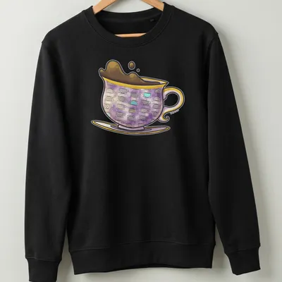Whimsical illustration of colorful antique teacups with elegant script text — printed on a unisex sweatshirt