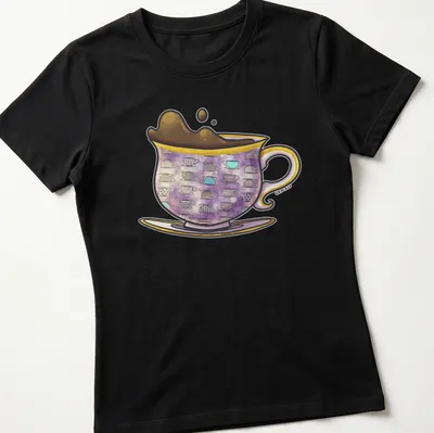 Whimsical illustration of colorful antique teacups with elegant script text — printed on a women's shirt