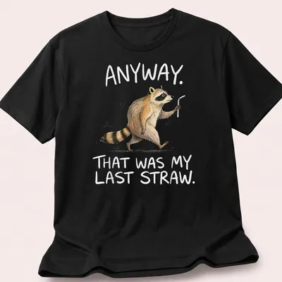 Illustration of a funny raccoon with humorous text about frustration.