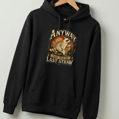 Vintage style T-shirt depicting a raccoon with the text about a last straw — printed on a unisex hoodie