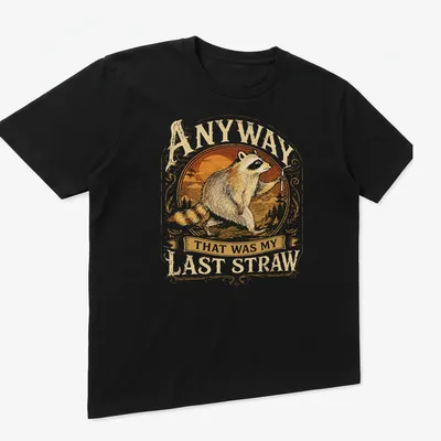 Vintage style T-shirt depicting a raccoon with the text about a last straw — printed on a unisex t-shirt (angled view)