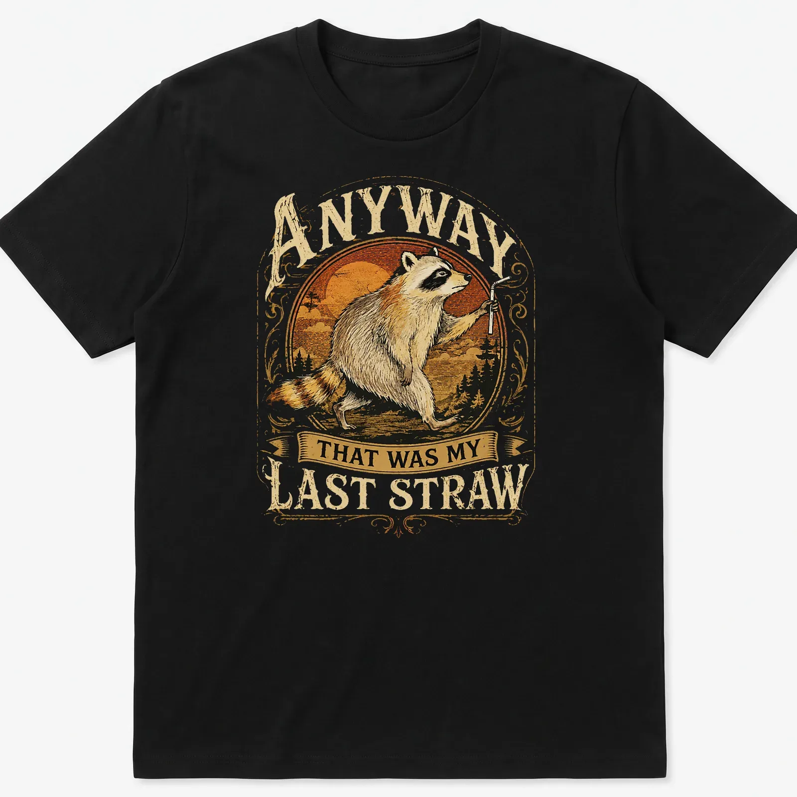 Vintage style T-shirt depicting a raccoon with the text about a last straw — printed on a unisex t-shirt
