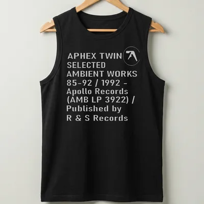 Minimalist black and white t-shirt featuring Aphex Twin album details — printed on a tank top