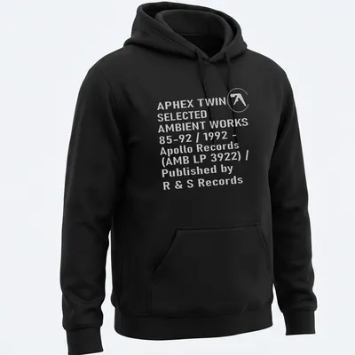 Minimalist black and white t-shirt featuring Aphex Twin album details — printed on a unisex hoodie