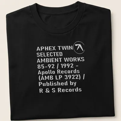 Minimalist black and white t-shirt featuring Aphex Twin album details