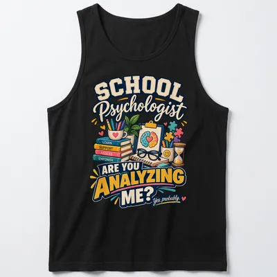 Colorful cartoon design featuring psychologist tools and humorous text — printed on a tank top