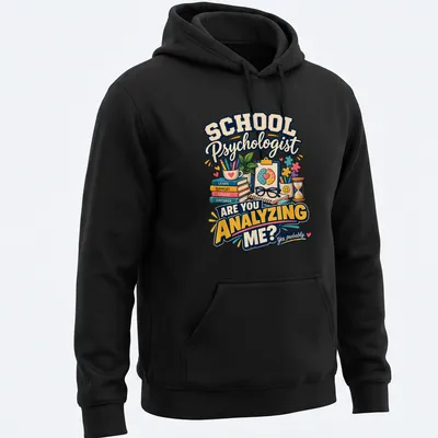 Colorful cartoon design featuring psychologist tools and humorous text — printed on a unisex hoodie