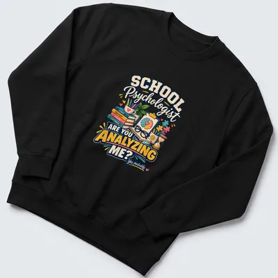 Colorful cartoon design featuring psychologist tools and humorous text — printed on a unisex sweatshirt