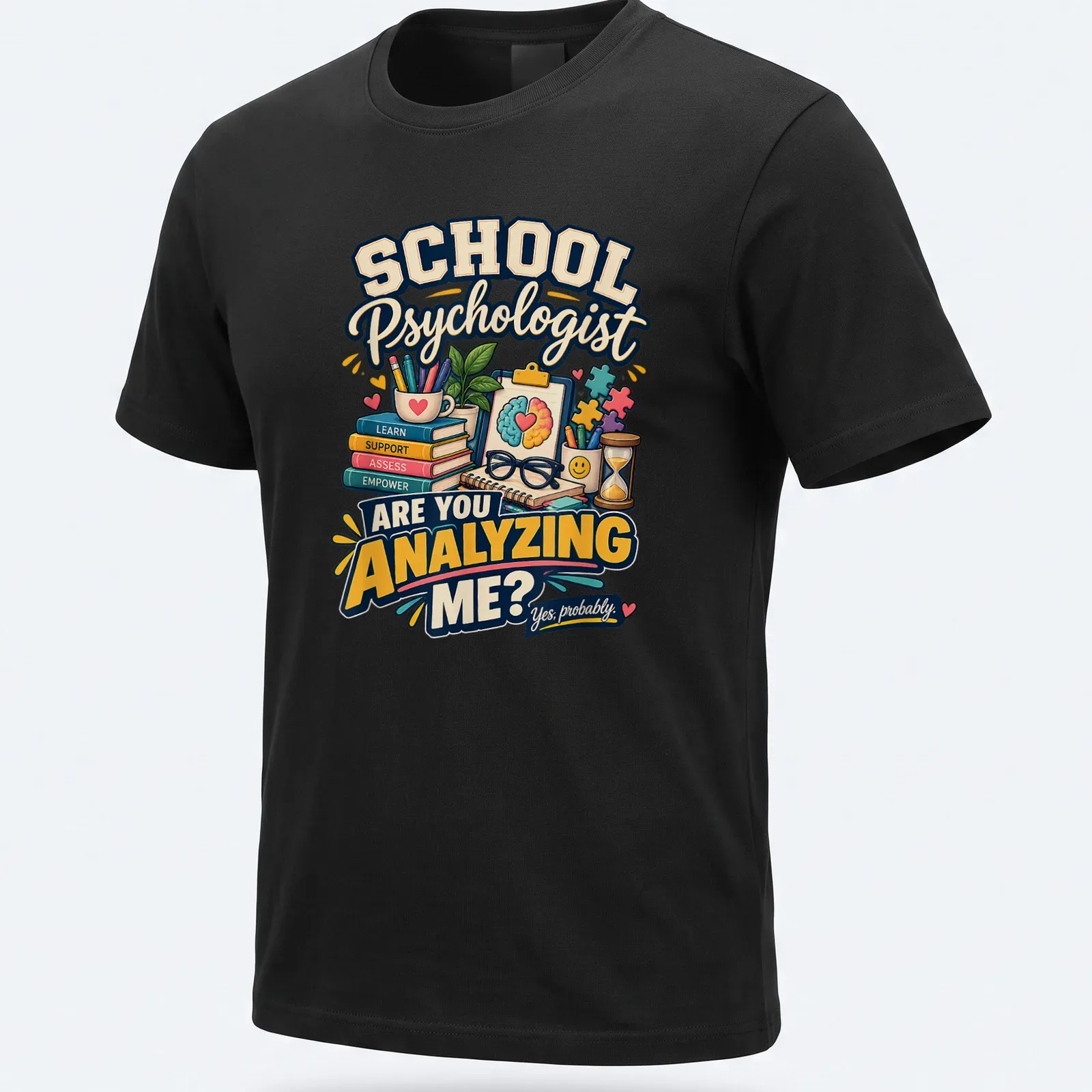 Colorful cartoon design featuring psychologist tools and humorous text — printed on a unisex t-shirt