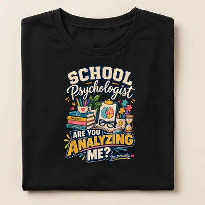 Colorful cartoon design featuring psychologist tools and humorous text — printed on a women's shirt