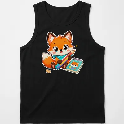 Kawaii-style tee featuring a cute orange fox with colored pencils — printed on a tank top