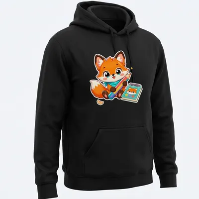 Kawaii-style tee featuring a cute orange fox with colored pencils — printed on a unisex hoodie