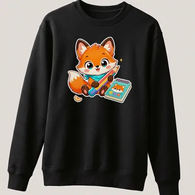 Kawaii-style tee featuring a cute orange fox with colored pencils — printed on a unisex sweatshirt