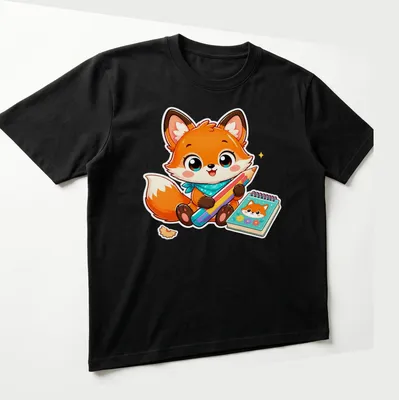 Kawaii-style tee featuring a cute orange fox with colored pencils — printed on a unisex t-shirt (angled view)