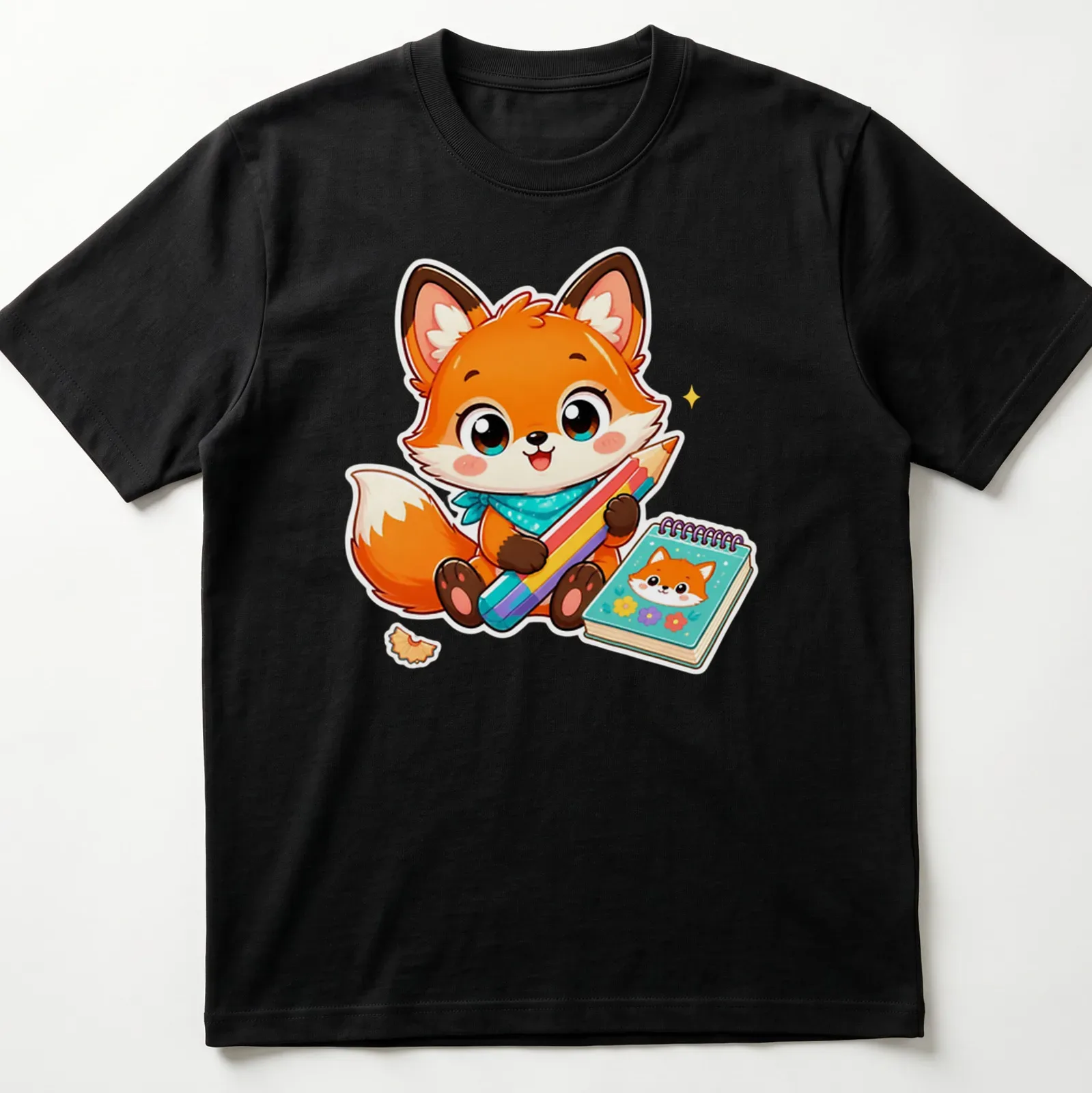 Kawaii-style tee featuring a cute orange fox with colored pencils — printed on a unisex t-shirt