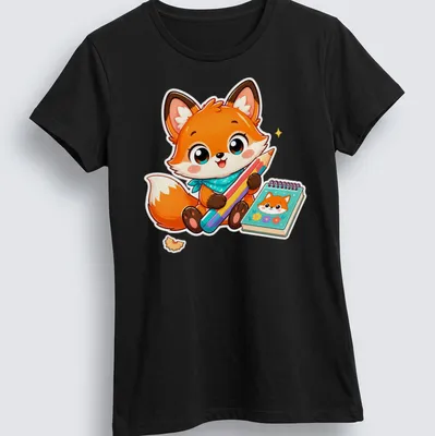Kawaii-style tee featuring a cute orange fox with colored pencils — printed on a women's shirt