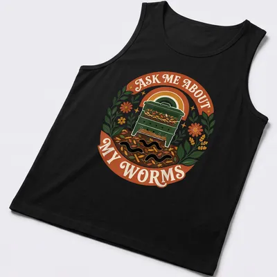 Vintage botanical tee featuring a vermicomposting bin with worms and colorful text — printed on a tank top