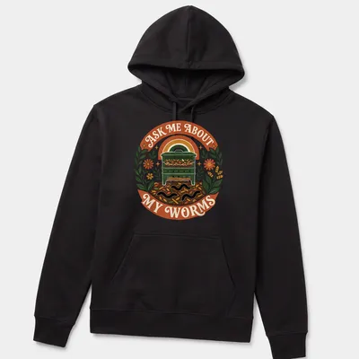 Vintage botanical tee featuring a vermicomposting bin with worms and colorful text — printed on a unisex hoodie