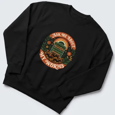 Vintage botanical tee featuring a vermicomposting bin with worms and colorful text — printed on a unisex sweatshirt