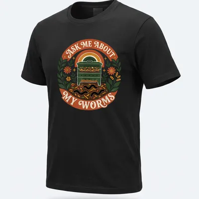 Vintage botanical tee featuring a vermicomposting bin with worms and colorful text
